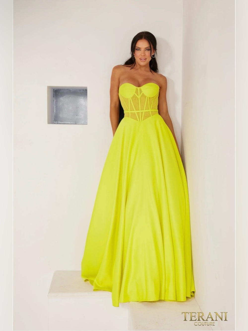Terani Couture Chartreuse Strapless Corset Ball Gown Prom Size US 8 $550